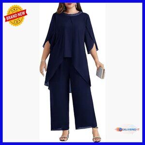 Plus Size Chiffon Pant Suit 2 Piece Set Wedding Guest Outfit High Low Hem